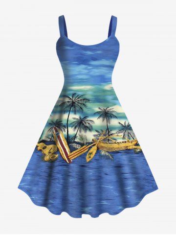 Plus Size Coconut Tree Boat Sea Guitar Print Hawaii Tank Dress - BLUE - XS