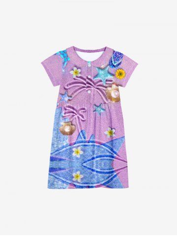Kid's Shell Sea Floral Coconut Tree Stars Beach Button Sequins Print Hawaii Dress - PURPLE - 100