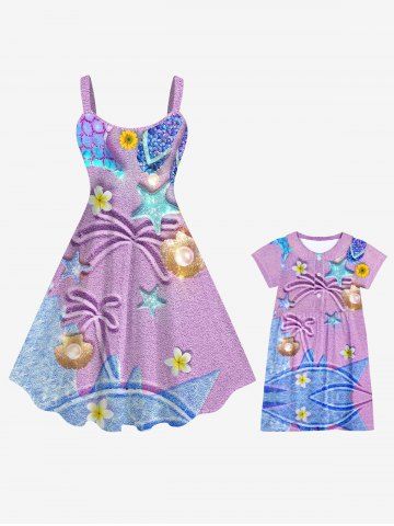 Shell Floral Coconut Tree Sea Sequins Stars Beach Print Dress Plus Size Matching Hawaii Beach Mommy & Me Outfit - LIGHT PURPLE