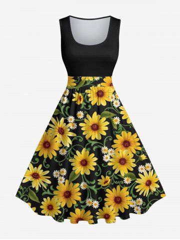 Plus Size Sunflower Daisy Leaf Print 1950s Vintage Dress - BLACK - 1X