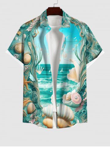 Plus Size Shell Conch Sea Portal Print Ombre Hawaii Button Pocket Shirt For Men