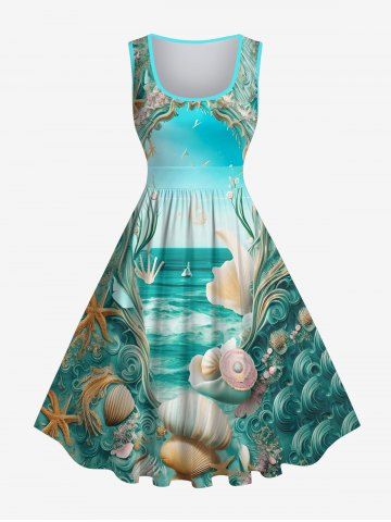 Plus Size Shell Conch Sea Portal Print Ombre Hawaii 1950s A Line Dress - MULTI-A - 3X