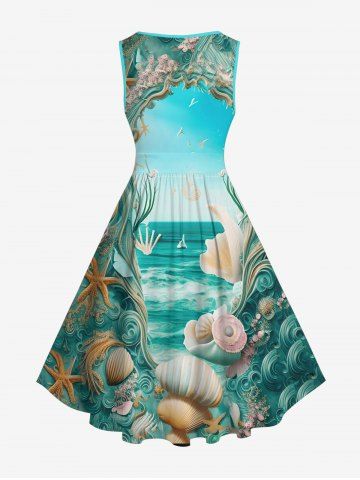 Plus Size Shell Conch Sea Portal Print Ombre Hawaii 1950s A Line Dress
