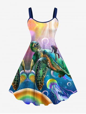 Plus Size Sea Creatures Turtle Jellyfish Bubble Rainbow Print Dress - MULTI-A - 6X