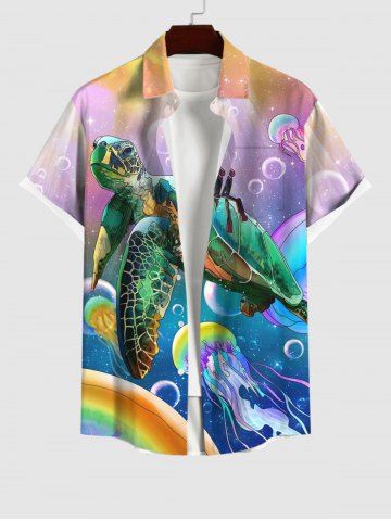 Plus Size Sea Creatures Turtle Jellyfish Bubble Rainbow Print Buttons Pocket Shirt For Men - MULTI-A - 4XL
