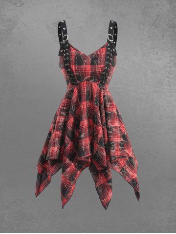 Gothic Distressed Plaid Lace Up Buckle Grommet Backless Asymmetric Handkerchief Tank Top - RED - S