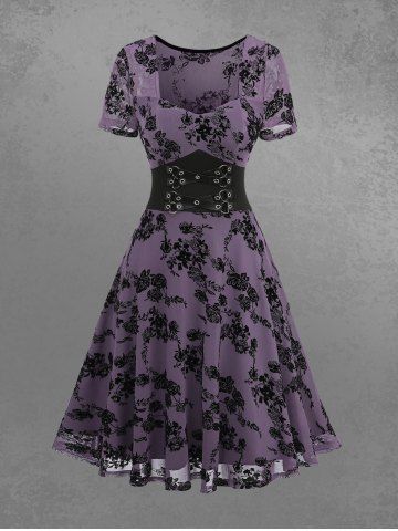 Gothic Rose Floral Mesh Flocking D-Ring PU Lace Up Grommet A Line Dress - PURPLE - L
