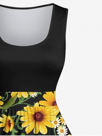 Plus Size Sunflower Daisy Leaf Print 1950s Vintage Dress
