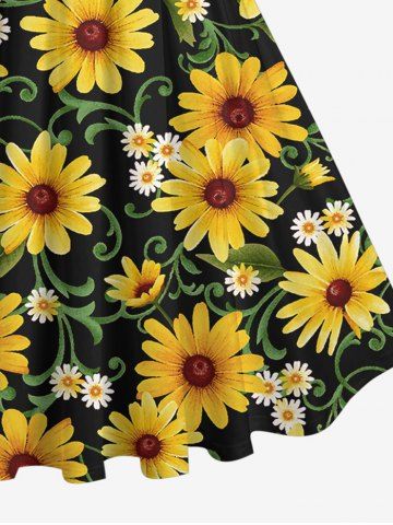 Plus Size Sunflower Daisy Leaf Print 1950s Vintage Dress