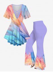 Ensemble de T-shirt Croisé Ombré Plume Manches Evasées et de Pantalon Evasé de Grande Taille - Violet clair 