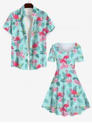Flamingo Coconut Tree Leaf Floral Print Dress and Button Pocket Shirt Plus Size Matching Hawaii Beach Outfit For Couples -  