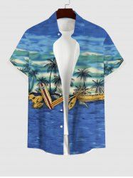 Plus Size Coconut Tree Boat Sea Guitar Print Buttons Pocket Hawaii Shirt For Men -  