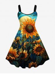 Plus Size Sunflowers Leaf Sun Print Tank Dress -  