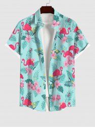 Plus Size Flamingo Coconut Tree Leaf Floral Print Hawaii Button Pocket Shirt For Men -  