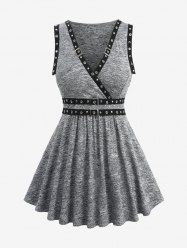 Plus Size Jacquard Hollow Out Heathered Contrast Piping Buckle Grommet Surplice Tank Top -  