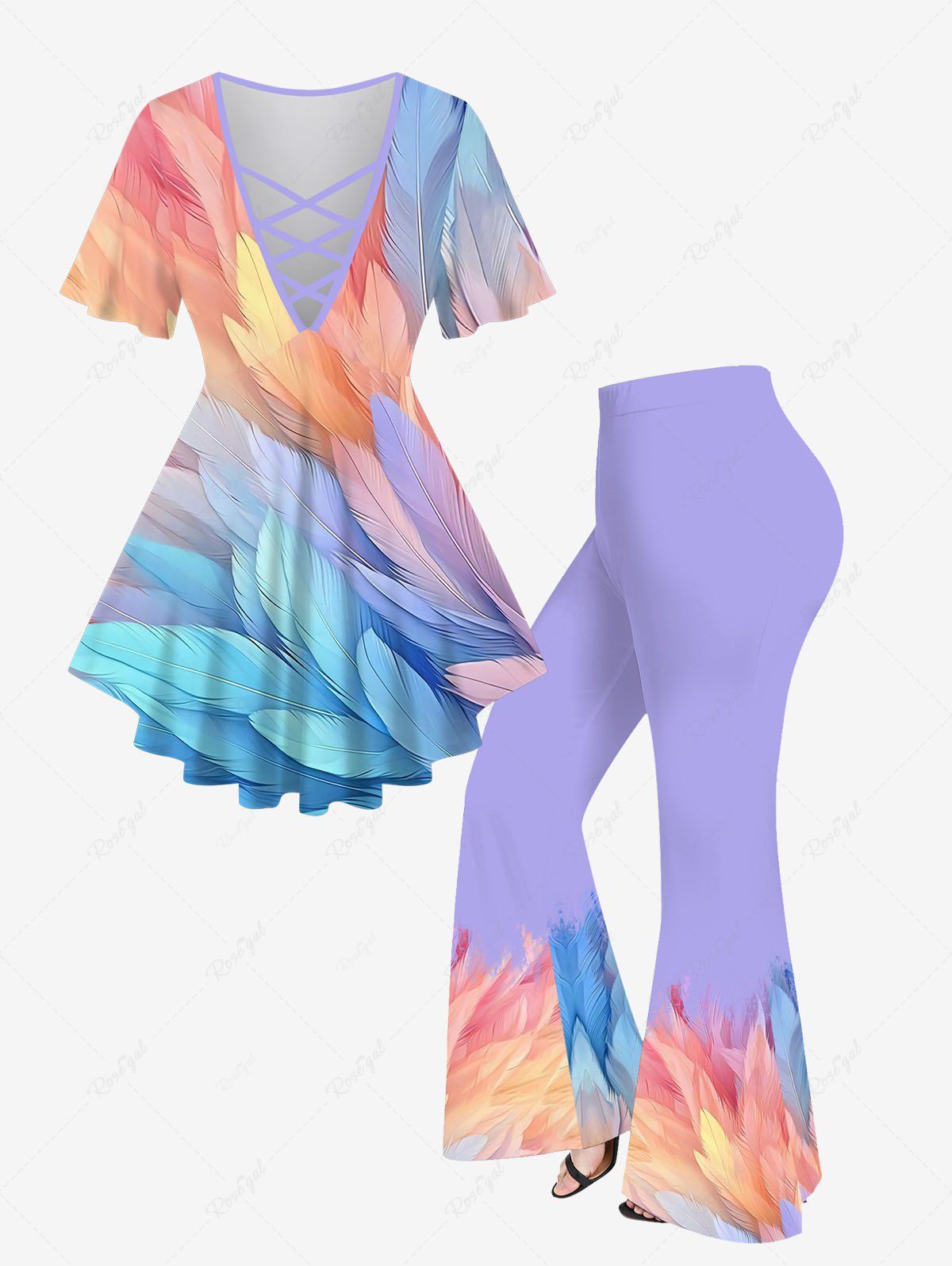 Ensemble de T-shirt Croisé Ombré Plume Manches Evasées et de Pantalon Evasé de Grande Taille Violet clair 