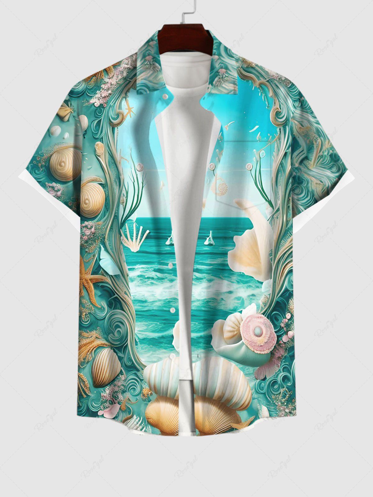 Chemise Légère Ombré Imprimé Conque et Coquille de Mer avec Poche en Avant Grande Taille pour Homme Multi-A 4XL