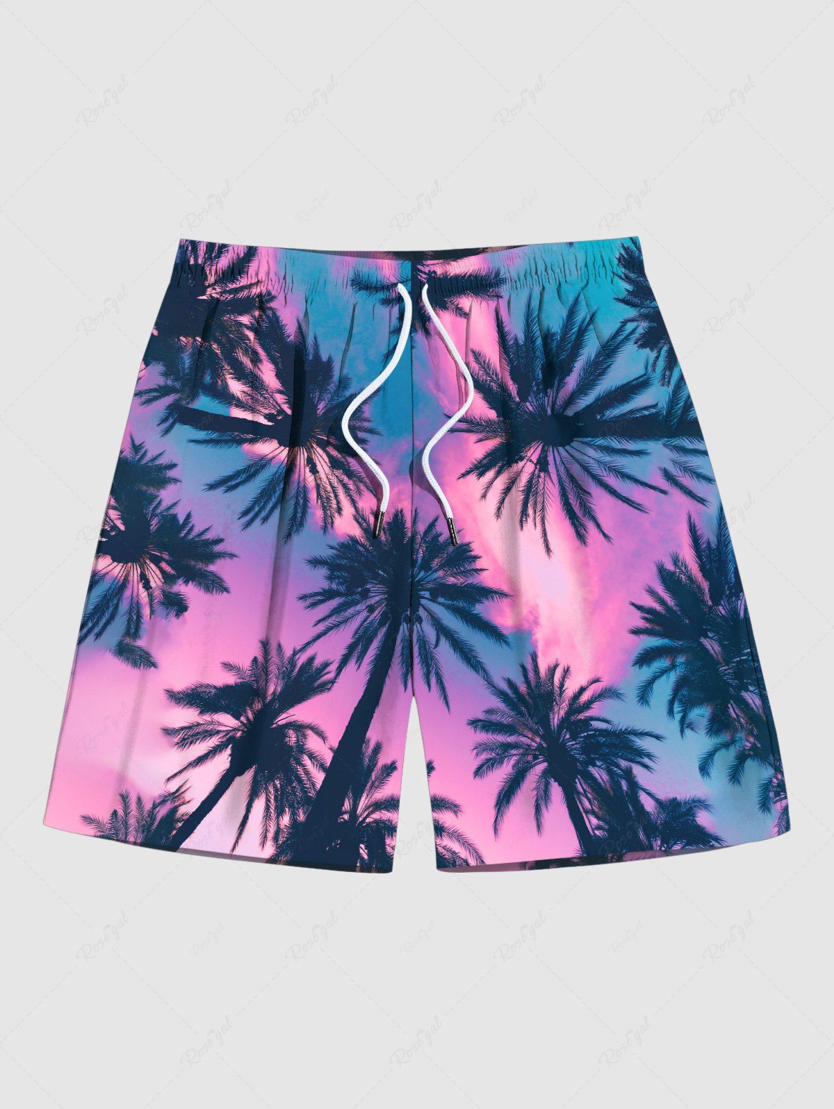 Hot Plus Size Hawaii Sky Aurora Colorblock Coconut Tree Print Beach Shorts For Men  