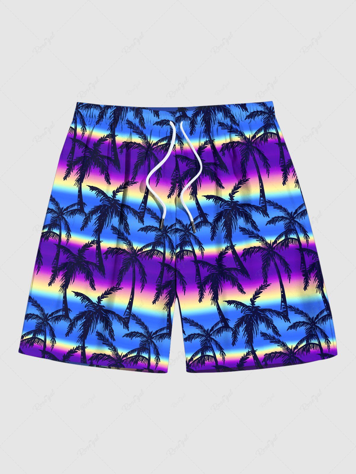 Cheap Plus Size Coconut Tree Ombre Aurora Colorblock Print Pockets Hawaii Beach Shorts For Men  