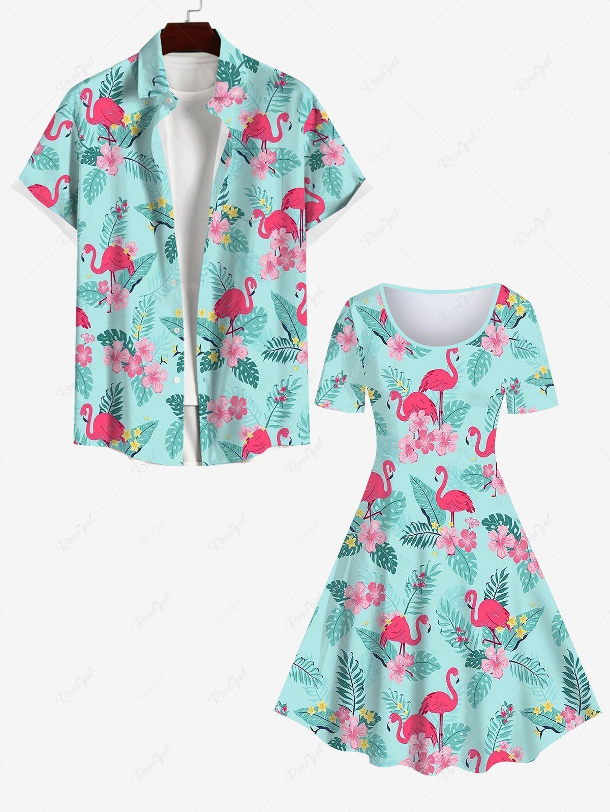 Affordable Flamingo Coconut Tree Leaf Floral Print Dress and Button Pocket Shirt Plus Size Matching Hawaii Beach Outfit For Couples  