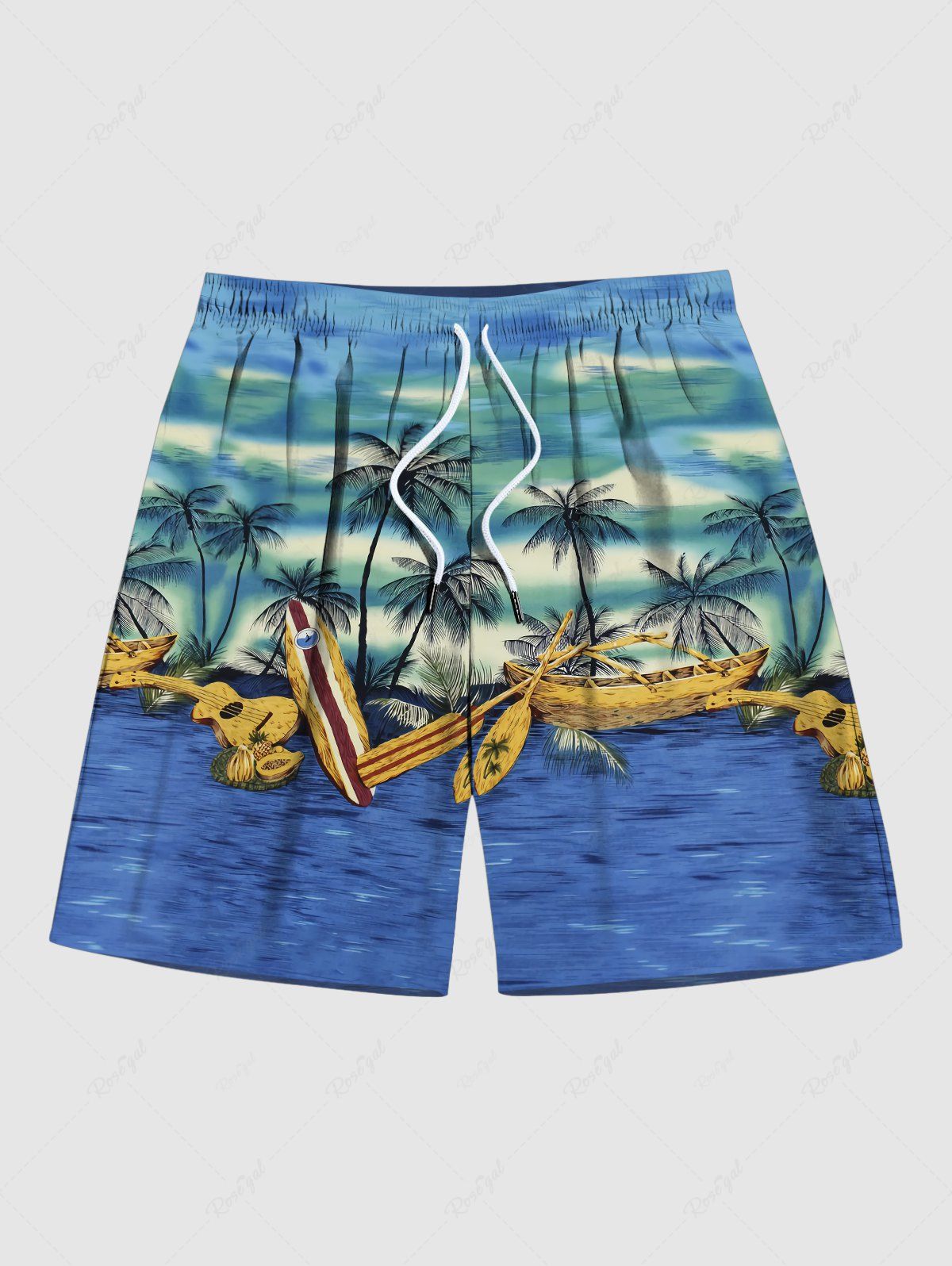 Fashion Plus Size Coconut Tree Boat Sea Guitar Print Hawaii Beach Shorts  