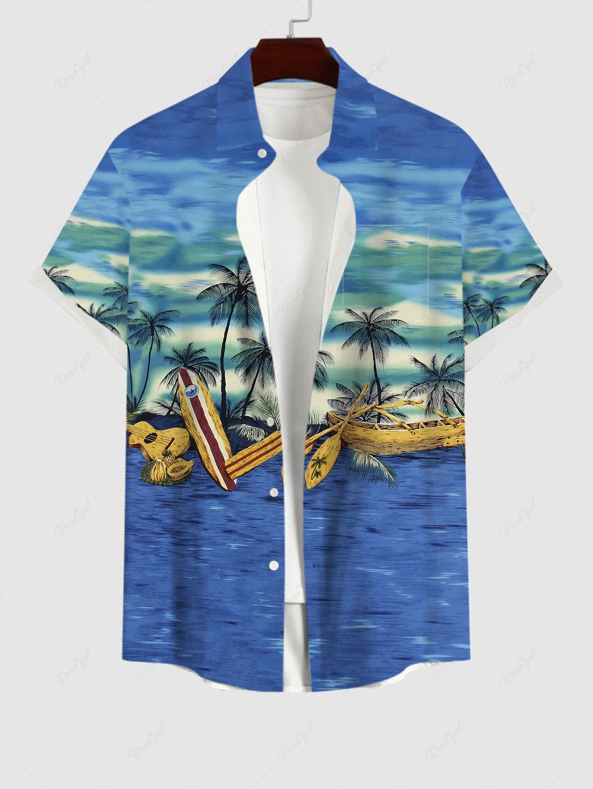 Outfit Plus Size Coconut Tree Boat Sea Guitar Print Buttons Pocket Hawaii Shirt For Men  