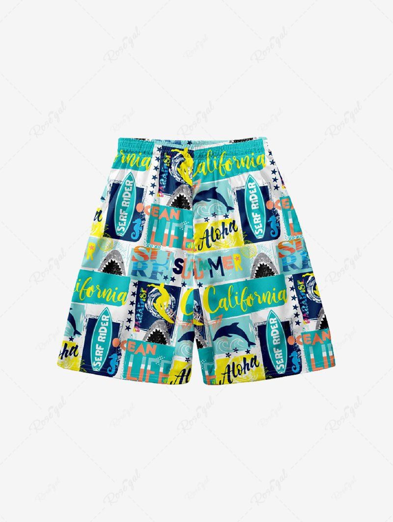Sale Kid's Dolphin Letters Stars Geometric Colorblock Print Hawaii Board Shorts  