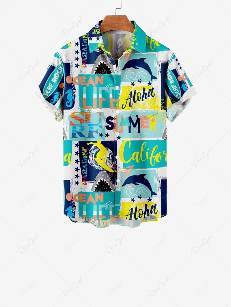 Outfit Kid's Dolphin Letters Stars Geometric Colorblock Print Hawaii Button Pocket Shirt  