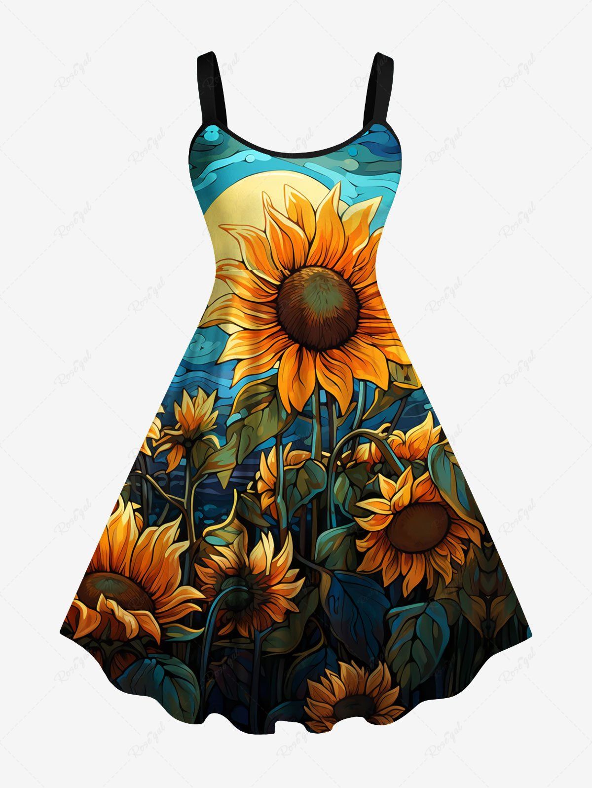 New Plus Size Sunflowers Leaf Sun Print Tank Dress  