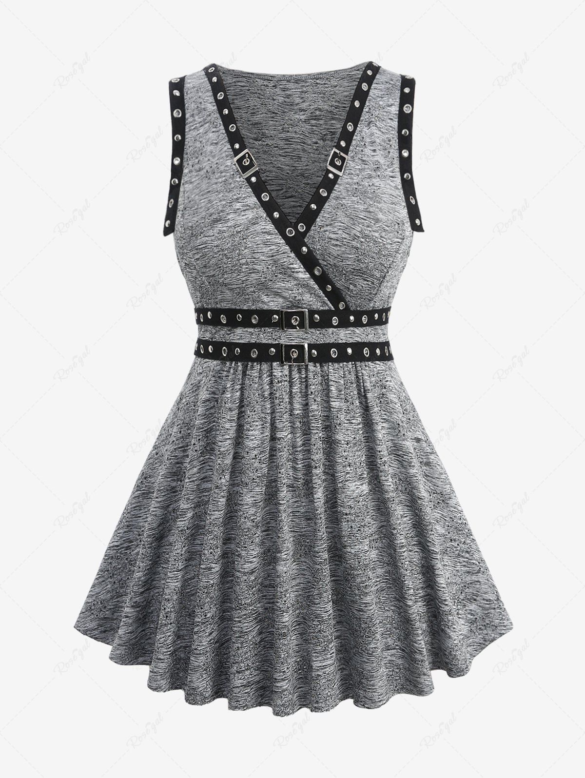Outfit Plus Size Jacquard Hollow Out Heathered Contrast Piping Buckle Grommet Surplice Tank Top  