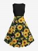 Plus Size Sunflower Daisy Leaf Print 1950s Vintage Dress -  