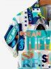 Kid's Dolphin Letters Stars Geometric Colorblock Print Hawaii Button Pocket Shirt -  