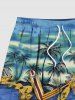 Plus Size Coconut Tree Boat Sea Guitar Print Hawaii Beach Shorts -  