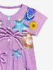Kid's Shell Sea Floral Coconut Tree Stars Beach Button Sequins Print Hawaii Dress - Pourpre  100