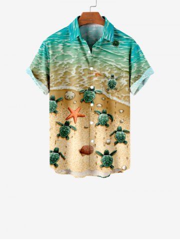 Kid's Sea Creatures Turtle Starfish Shell Beach Print Buttons Pocket Hawaii Shirt - MULTI-A - 100