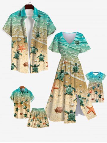 Sea Creatures Turtle Starfish Shell Beach Print Plus Size Matching Hawaii Beach Outfit For Family