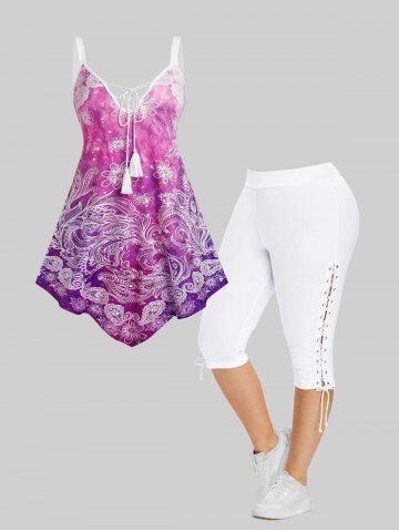 Curve Ethnic Floral Scarf Print Tassel Tank Top and Lace Up Side Capri Pants Plus Size Summer Outfit - PURPLE
