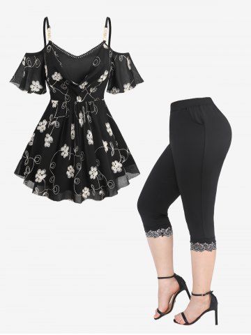 Floral Embroidered Layered Ruched Chiffon Shirt and Lace Trim Pockets Patchwork Capri Leggings Plus Size Matching Set - BLACK