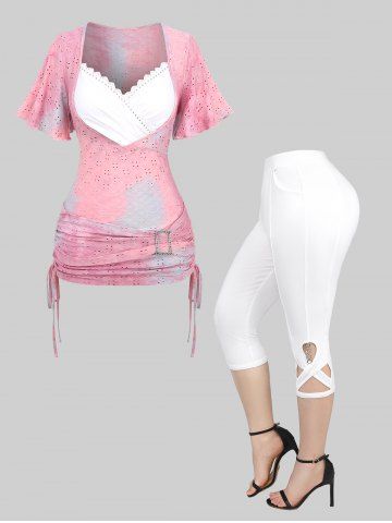 Laser Cut Floral Cinched Side Ruched Buckle Tie Dye Ombre Lace Trim Top and Crisscross Hollow Out Pants Plus Size Matching Set - LIGHT PINK