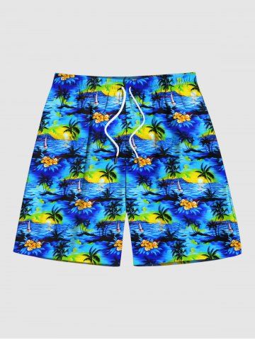 Men's Coconut Tree Sea Sun Print Hawaii Beach Shorts - BLUE - M