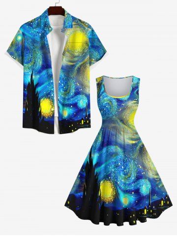 Glitter Spiral Painting Galaxy Print Plus Size Matching Hawaii Beach Outfit For Couples