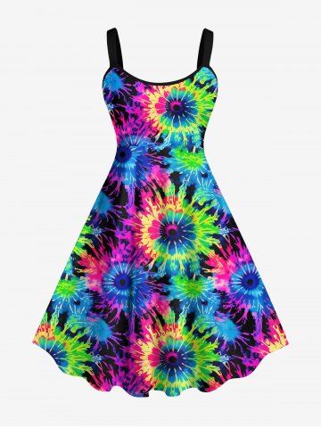 Plus Size Tie Dye Floral Print Hawaii Backless A Line Tank Dress - MULTI-A - XS