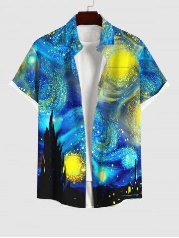 Plus Size Glitter Spiral Painting Galaxy Print Button Pocket Hawaii Shirt For Men