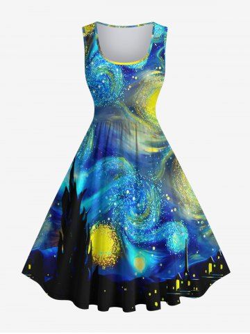 Plus Size Vintage Glitter Spiral Painting Galaxy Print 1950s Hawaii A Line Dress - MULTI-A - S