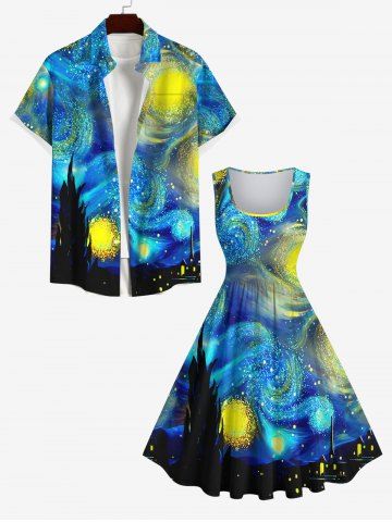 Plus Size Vintage Glitter Spiral Painting Galaxy Print 1950s Hawaii A Line Dress