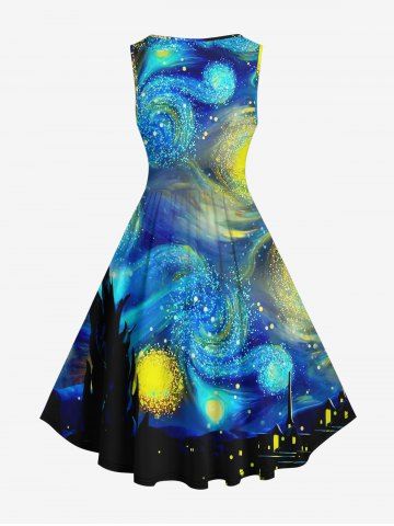 Plus Size Vintage Glitter Spiral Painting Galaxy Print 1950s Hawaii A Line Dress