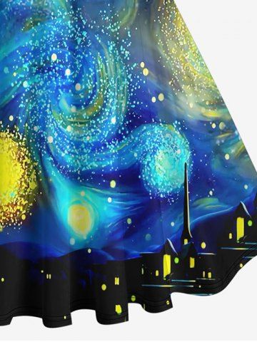 Plus Size Vintage Glitter Spiral Painting Galaxy Print 1950s Hawaii A Line Dress