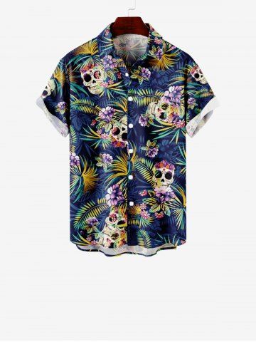 Kid's Skulls Coconut Tree Leaf Floral Print Hawaii Button Pocket Shirt - MULTI-A - 160