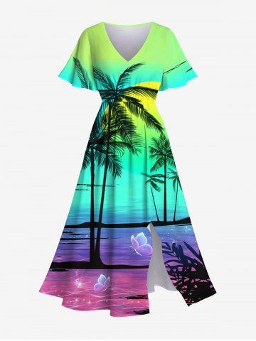 Plus Size Glitter Butterfly Ombre Sea Sun Coconut Tree Print Hawaii Split Pocket Dress - MULTI-A - S