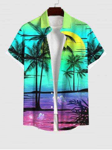Plus Size Glitter Butterfly Ombre Sea Coconut Tree Sun Print Button Pocket Hawaii Shirt For Men
